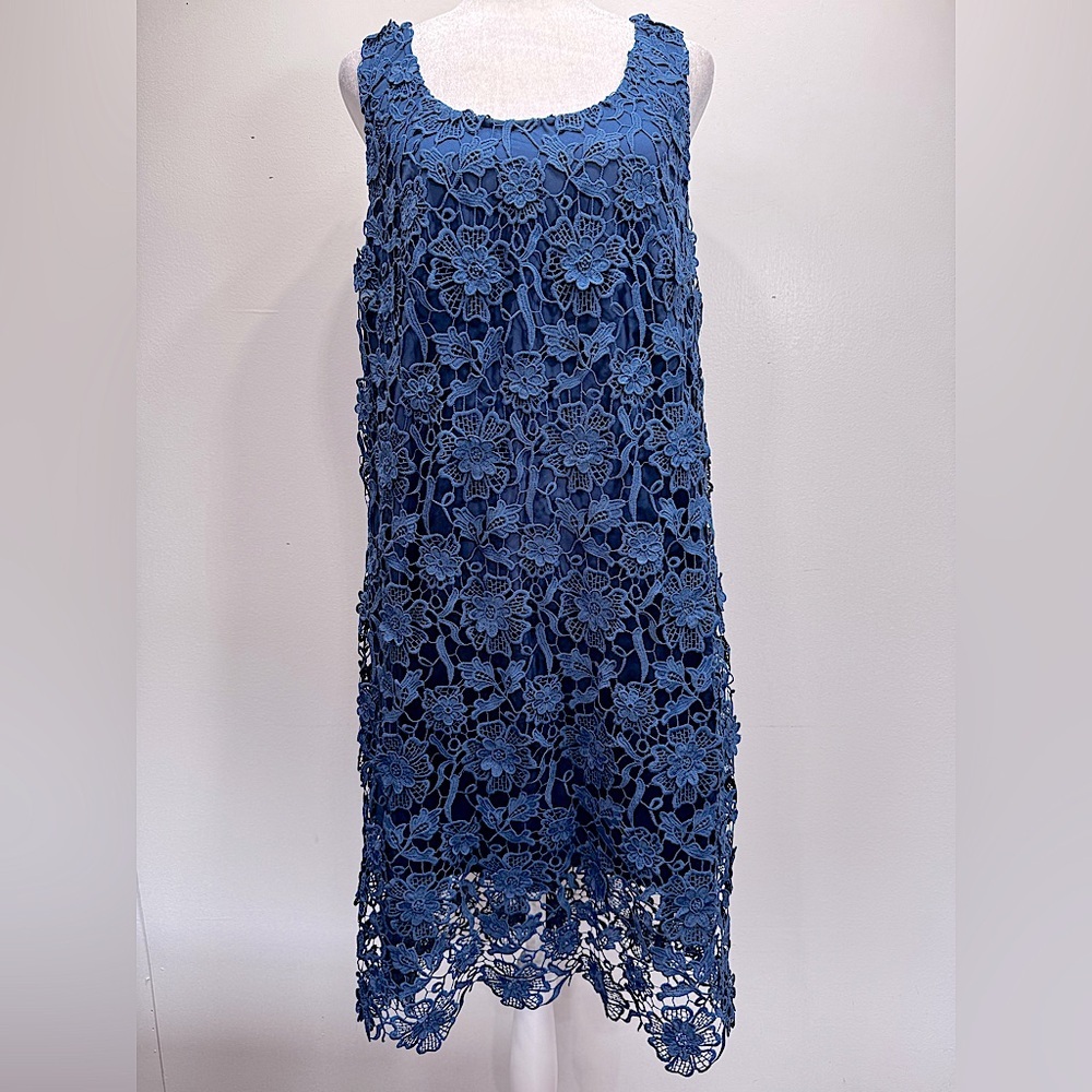 Blue 3D Floral Crochet Lace Sleeveless Shift Dress Wendy Bird Cottagecore Boho
